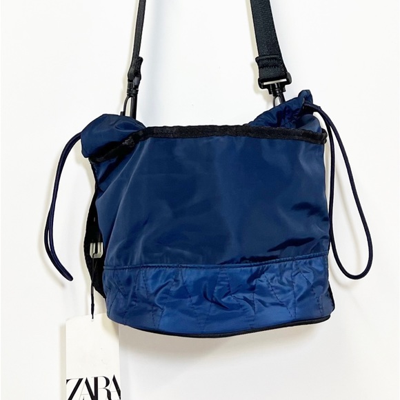 Zara Blue & Black Nylon Crossbody Drawstring Bucket Bag NEW - Picture 6 of 14